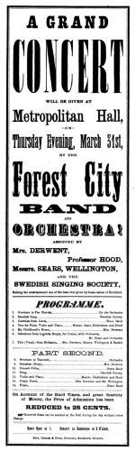 Hand bill advertising a concert at Metropolitan Hall, March 31, 1870. Professor Hood taught music at Rockford Female Seminary (now Rockford University). The Forest City Band was organized in 1867.