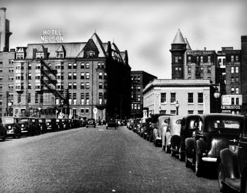 The Nelson Hotel as seen from the Chestnut Street Bridge in the 1940s.